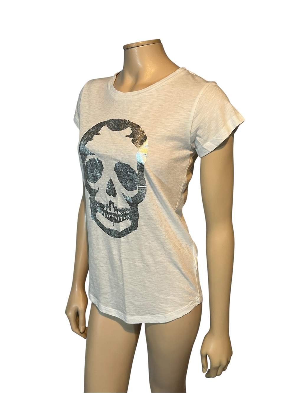 NWT Zadig & Voltaire Skinny Foil Skull Tshirt in white and silver